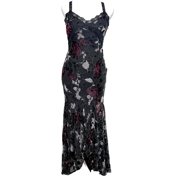 Sue Wong Dresses & Skirts - VTG Sue Wong Silk Burnout Velvet Floral Beaded Lace Maxi Dress Black Burgundy  6